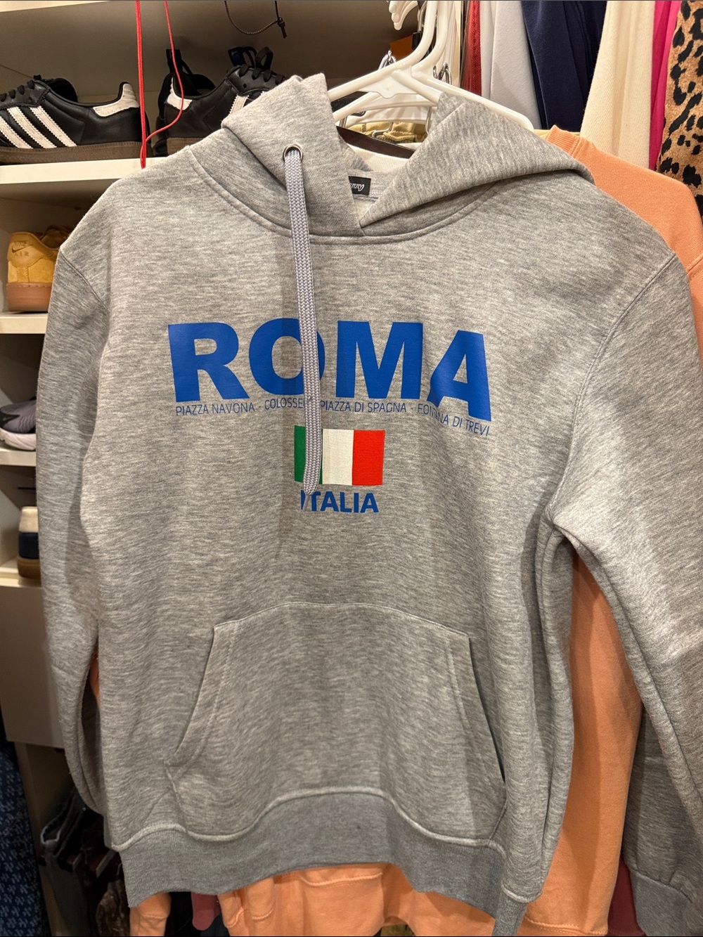 Roma Gray Crewneck Sweatshirt with Blue Logo and Italian Flag